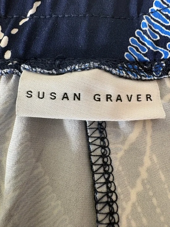 Susan Graver Navy and Blue Wide-Leg Palm Print Palazzo Pants Liquid Knit 1558 - Picture 6 of 12